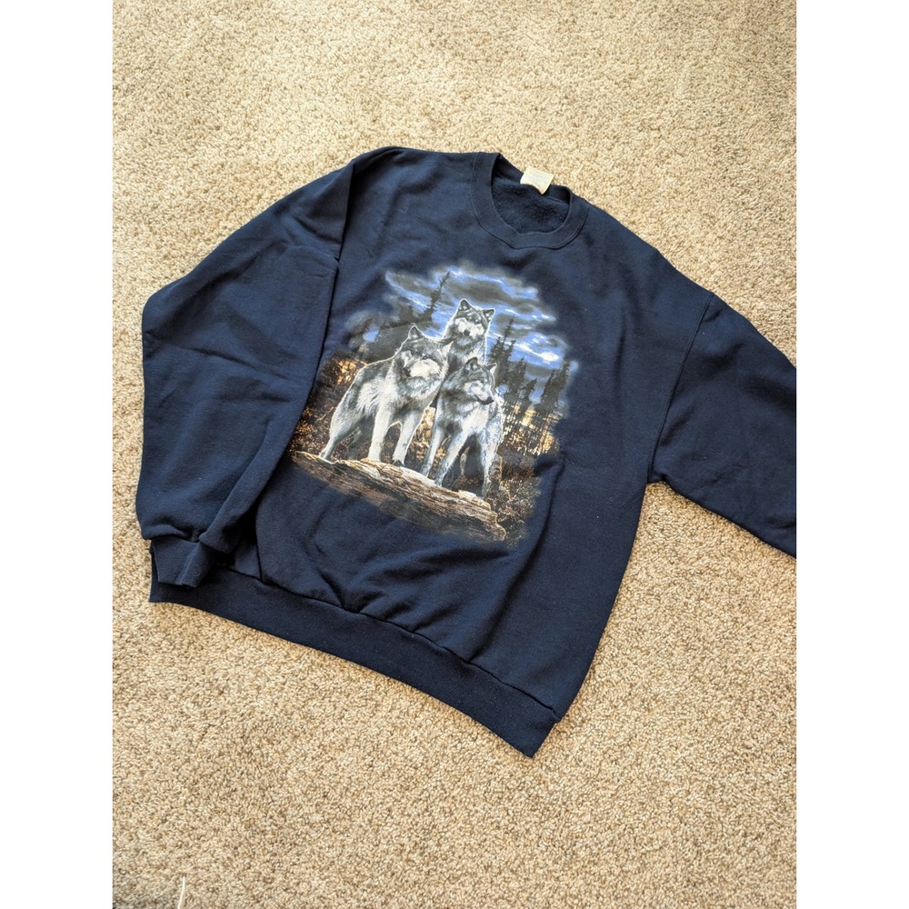 Vintage Jerzees NuBlend Wolf Graphic Sweatshirt Navy Blue Large Mens